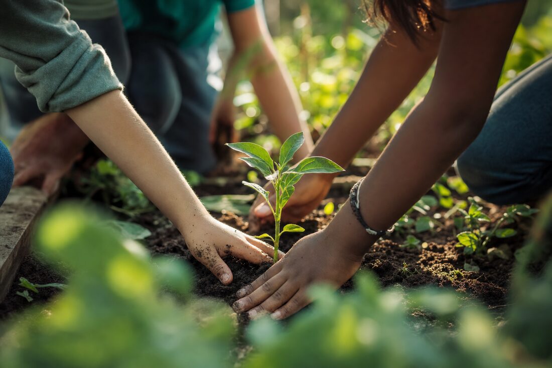 Several pairs of hands tending a young plant in dark soil in a community garden, lit by warm natural light