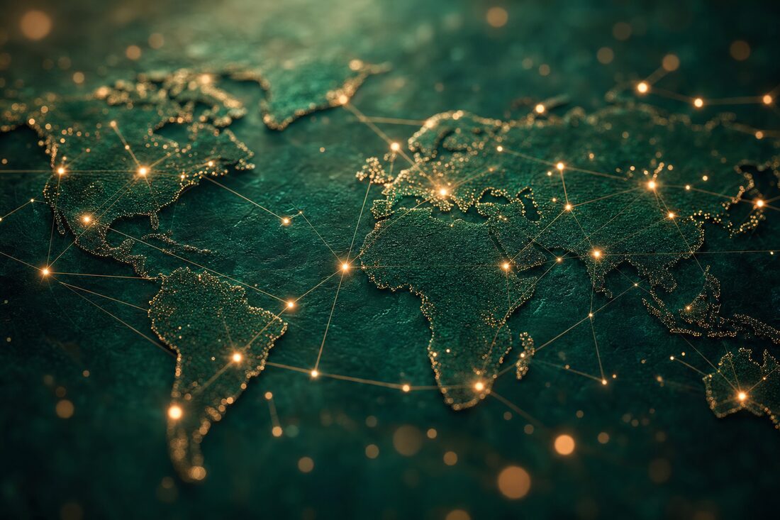 Abstract map of warm light points connected across a dark teal-green surface, representing a global volunteer community